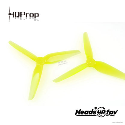 Neon yellow HQProp R38 3-blade propellers pair on white background