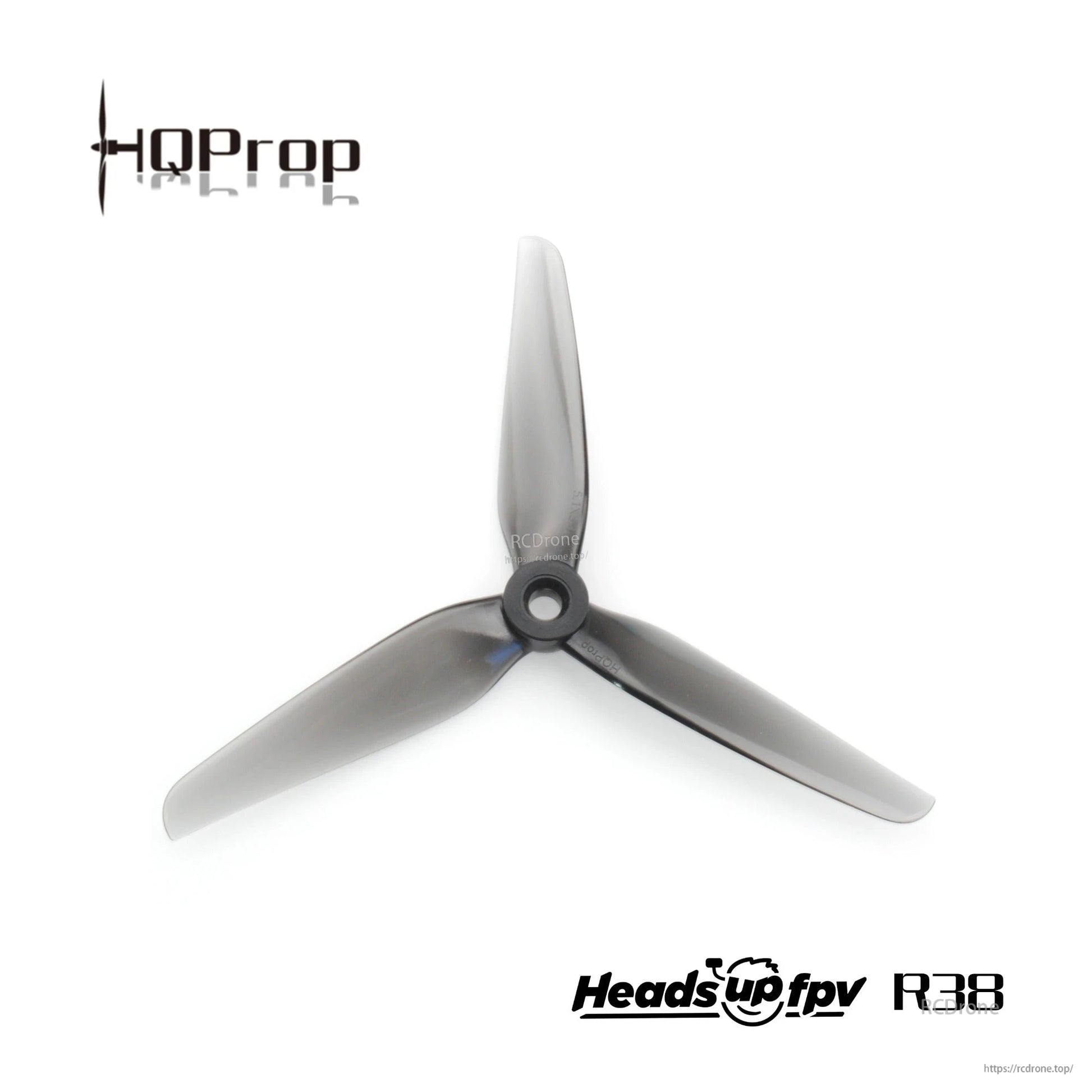 Smoke gray HQProp R38 3-blade FPV propeller single, top view