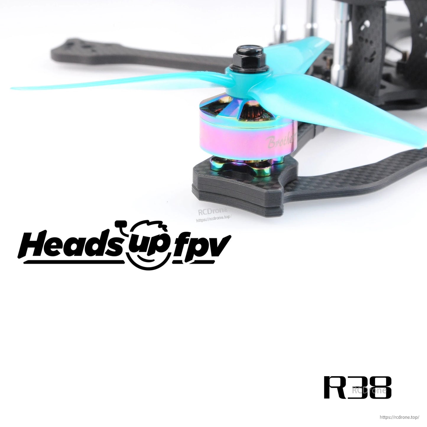 Blue R38 3-blade propeller mounted on FPV drone motor, close-up installed view