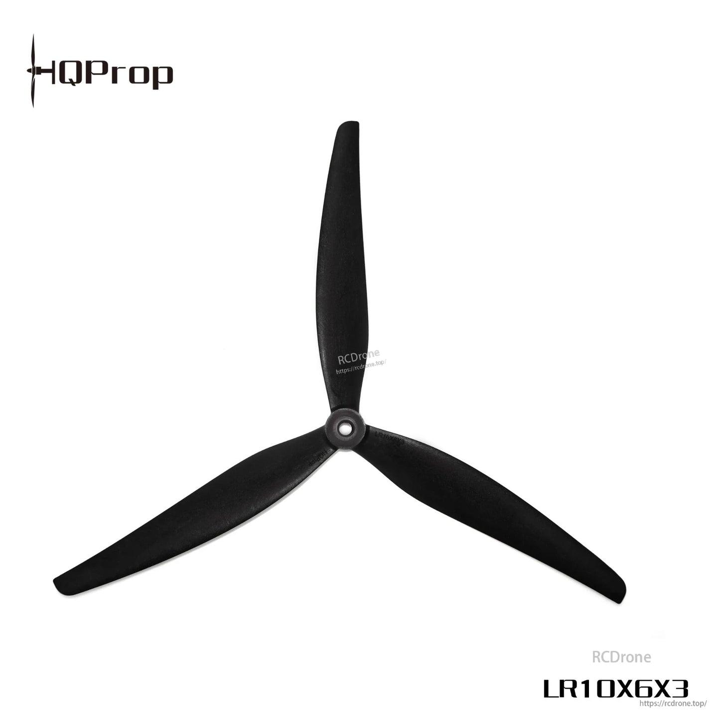 HQProp LR10X6X3 tri-blade propeller top view, black 3-blade design with printed LR10X6X3 text