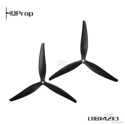 Two black tri-blade propellers with LR8X4.2X3 label and RCDone watermark on white background