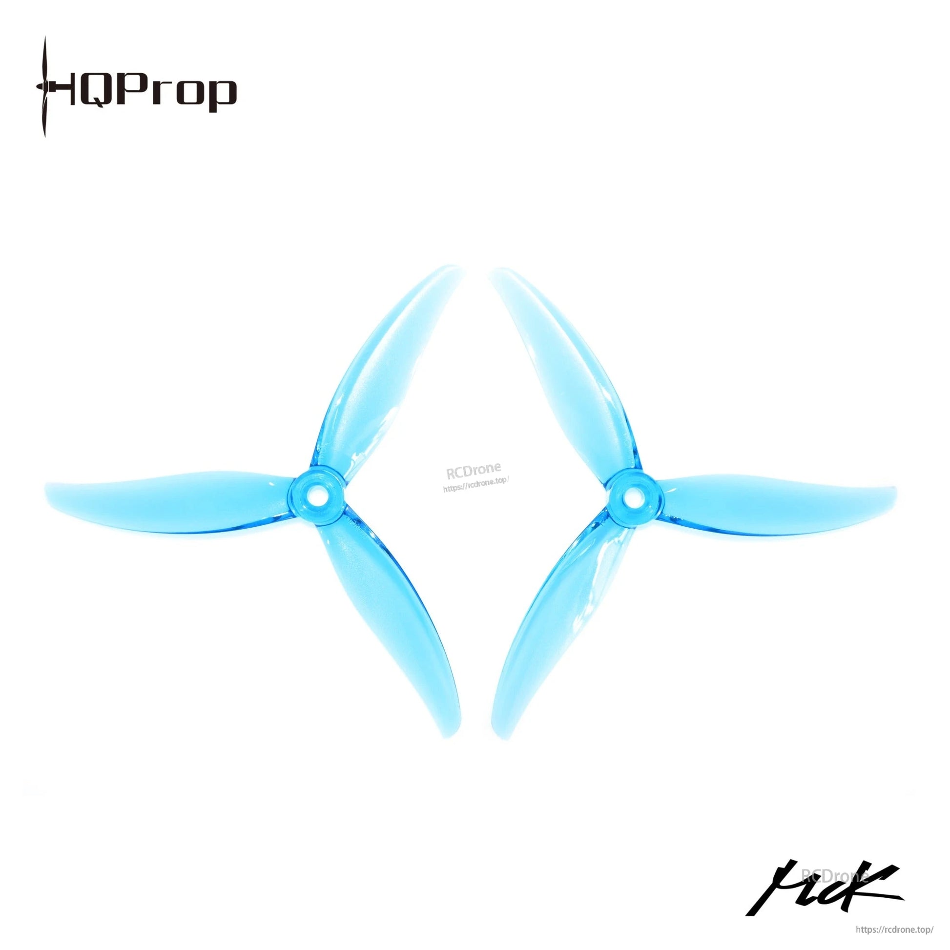 Translucent blue 3-blade drone propellers, two-piece set displayed side by side