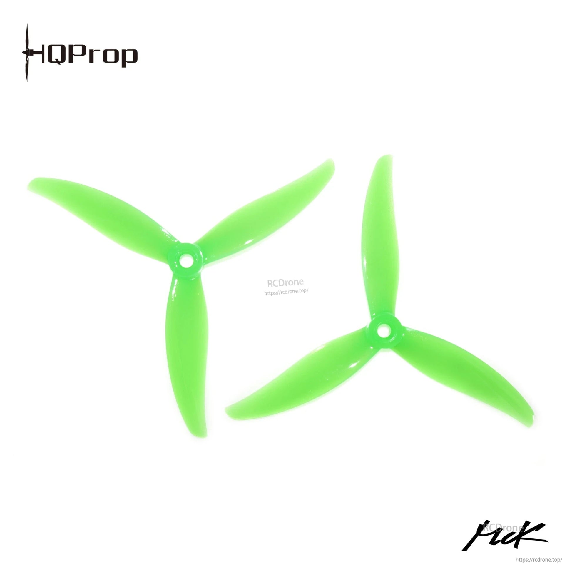 Bright green 3-blade drone propellers, pair shown from above on white background
