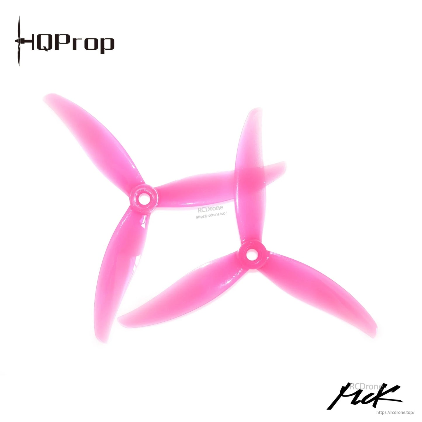 Translucent pink 3-blade drone propellers, pair shown on white background