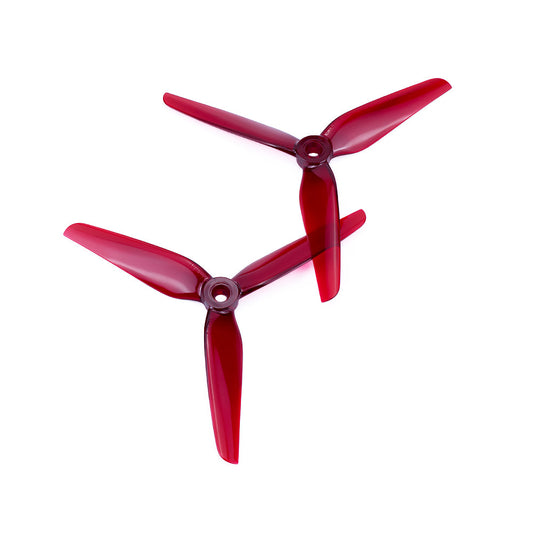 HQProp Manta 5 Pro FPV Propeller, Pair of red three-blade HQProp Manta 5 Pro FPV drone propellers with center mounting hub