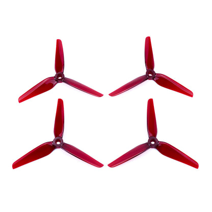 HQProp Manta 5 Pro FPV Propeller, Four red HQProp Manta 5 Pro tri-blade FPV drone propellers with a central mounting hole