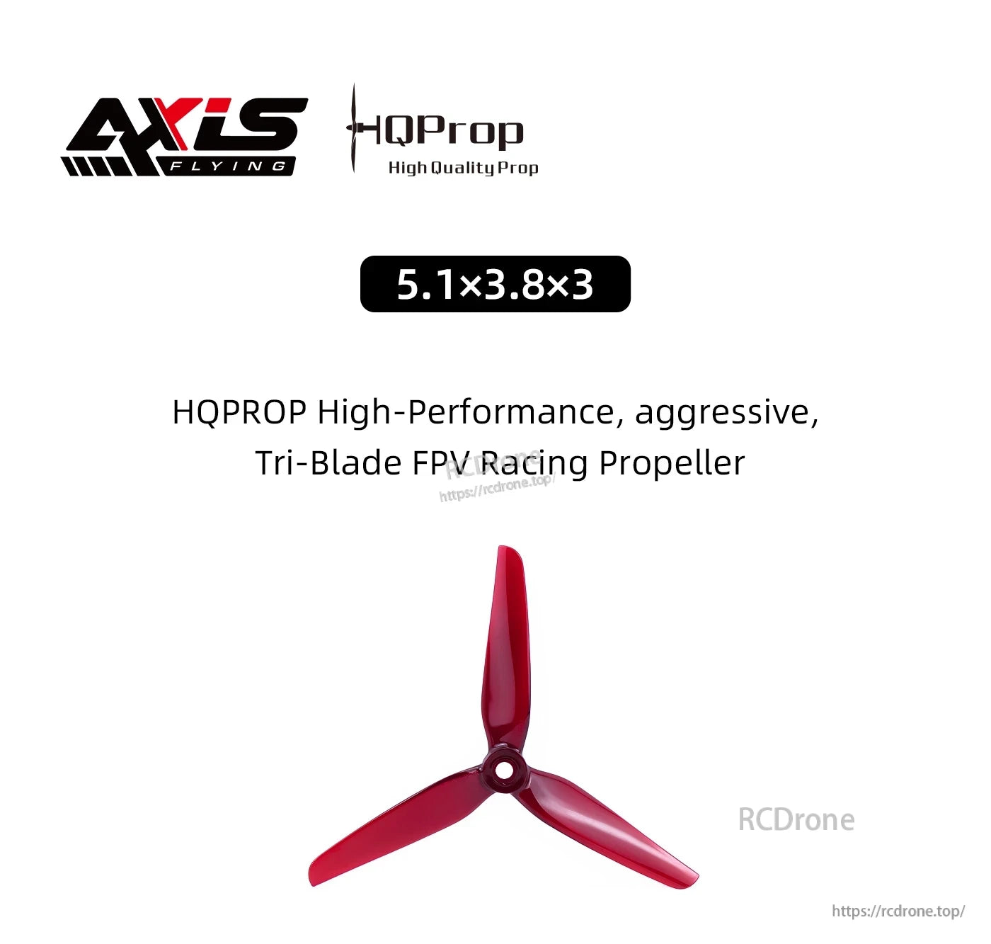 HQProp Manta 5 Pro FPV Propeller, HQProp Manta 5 Pro 5.1x3.8x3 tri-blade FPV drone propeller in red with 3-blade hub