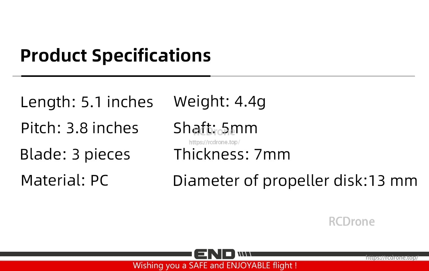 HQProp Manta 5 Pro FPV propeller specifications: 5.1 in length, 3.8 in pitch, 3-blade PC, 5mm shaft