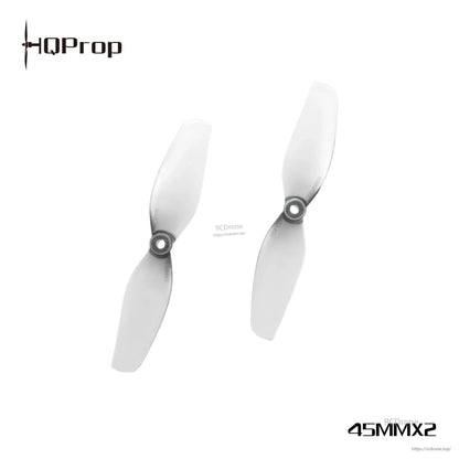 Two grey 45mm two-blade micro whoop props shown at an angle, hub and blade profile detail