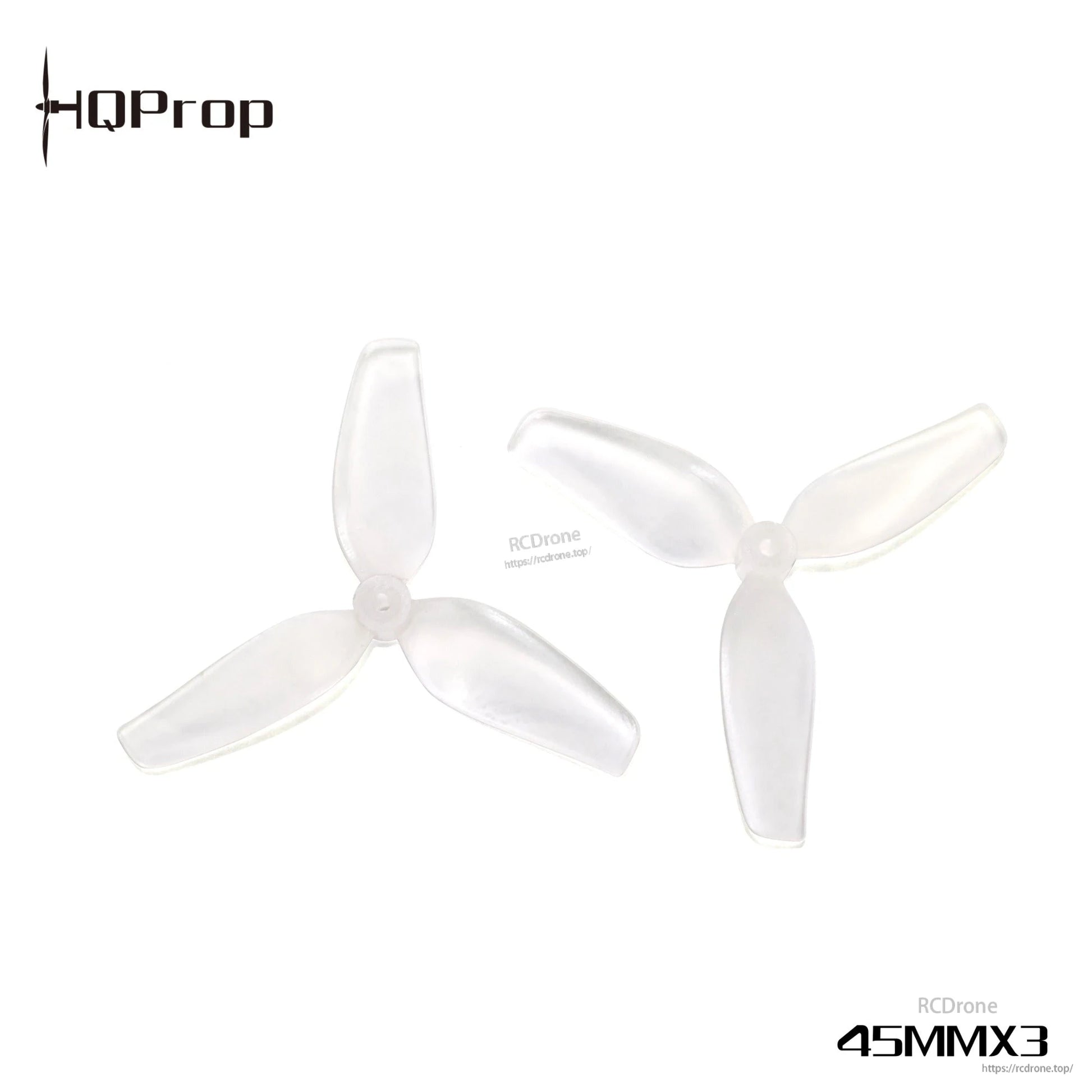 Two translucent 45MMX3 tri-blade props shown at angle, clear polycarbonate look with rounded tips