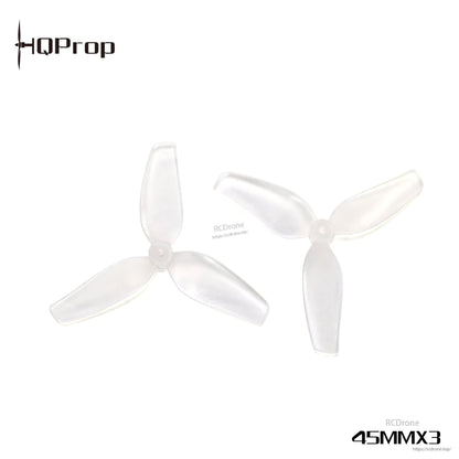 Two translucent 45MMX3 tri-blade props shown at angle, clear polycarbonate look with rounded tips