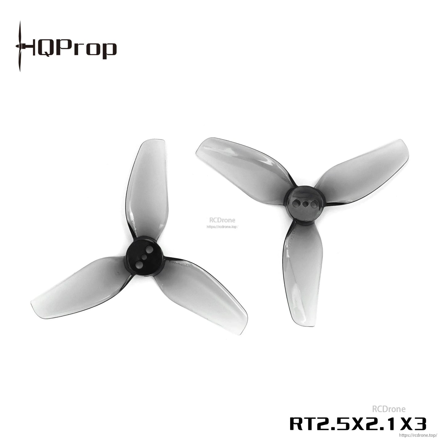 Grey tri-blade drone propeller pair with printed "RT2.5x2.1x3" marking on white background