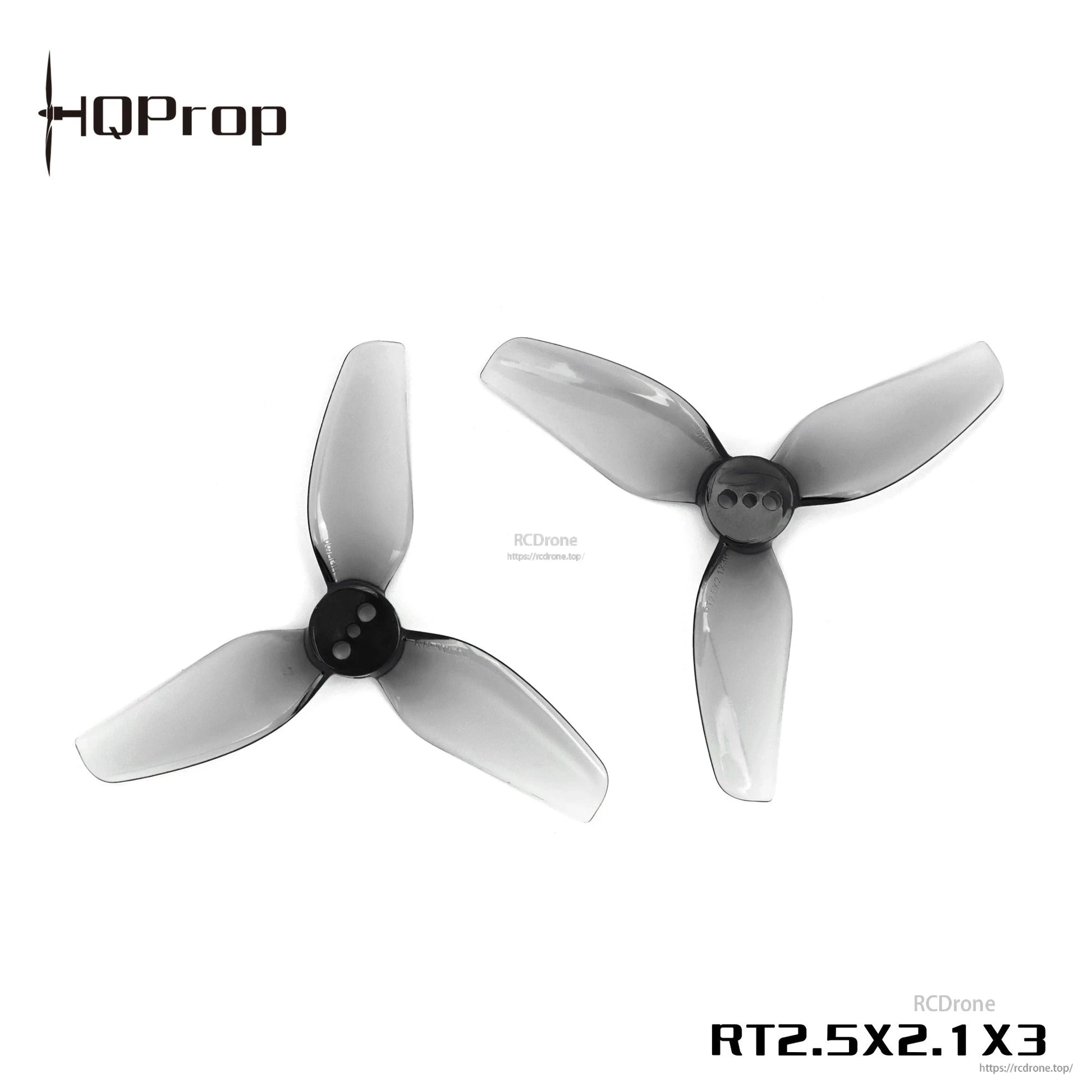 Grey tri-blade drone propeller pair with printed "RT2.5x2.1x3" marking on white background