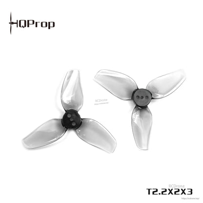 Close-up of pair of grey tri-blade drone propellers showing center hub and mounting holes (T2.2X2X3)