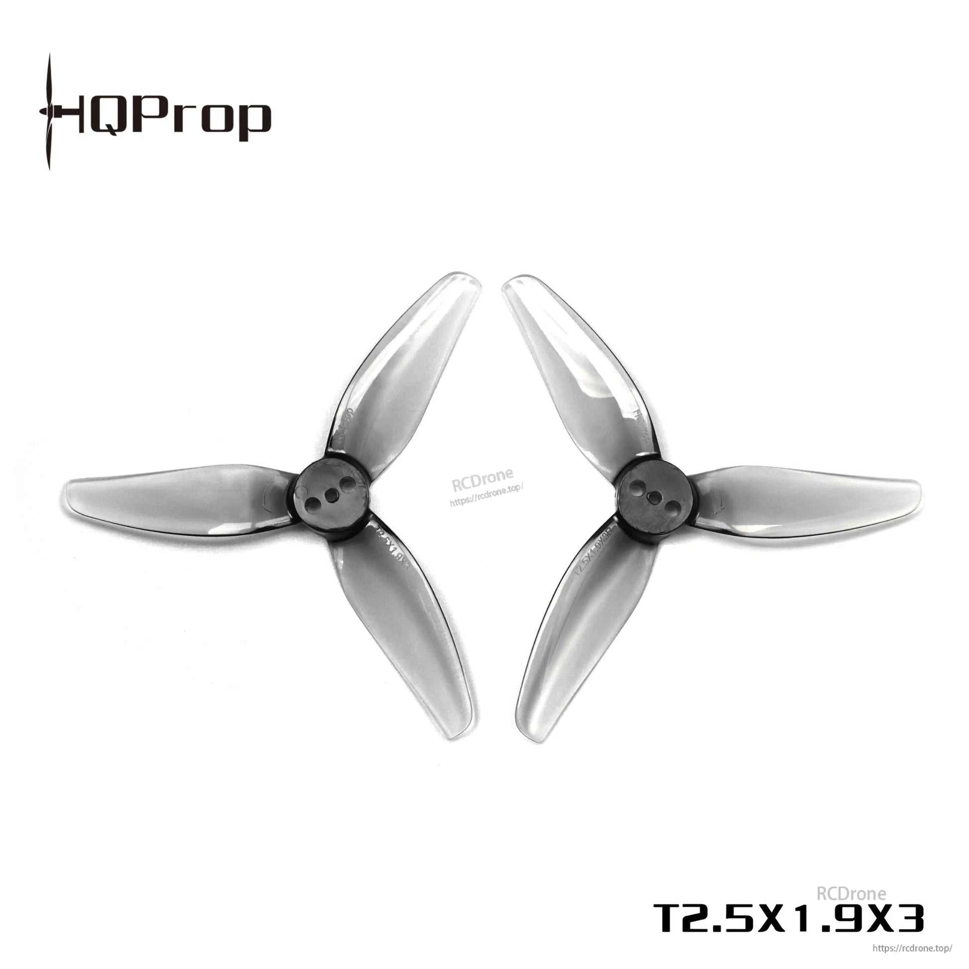 Grey 3-blade drone propellers with 3-hole hub, T2.5X1.9X3 marking on white background