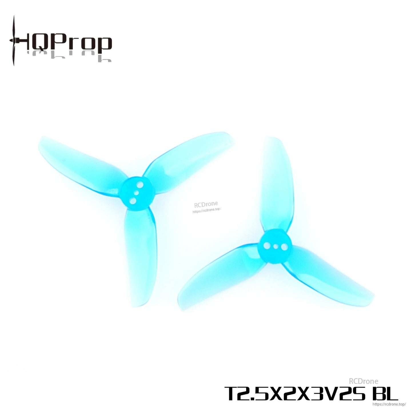 Pair of translucent blue 3-blade propellers on white background with T2.5X2X3V2S BL text