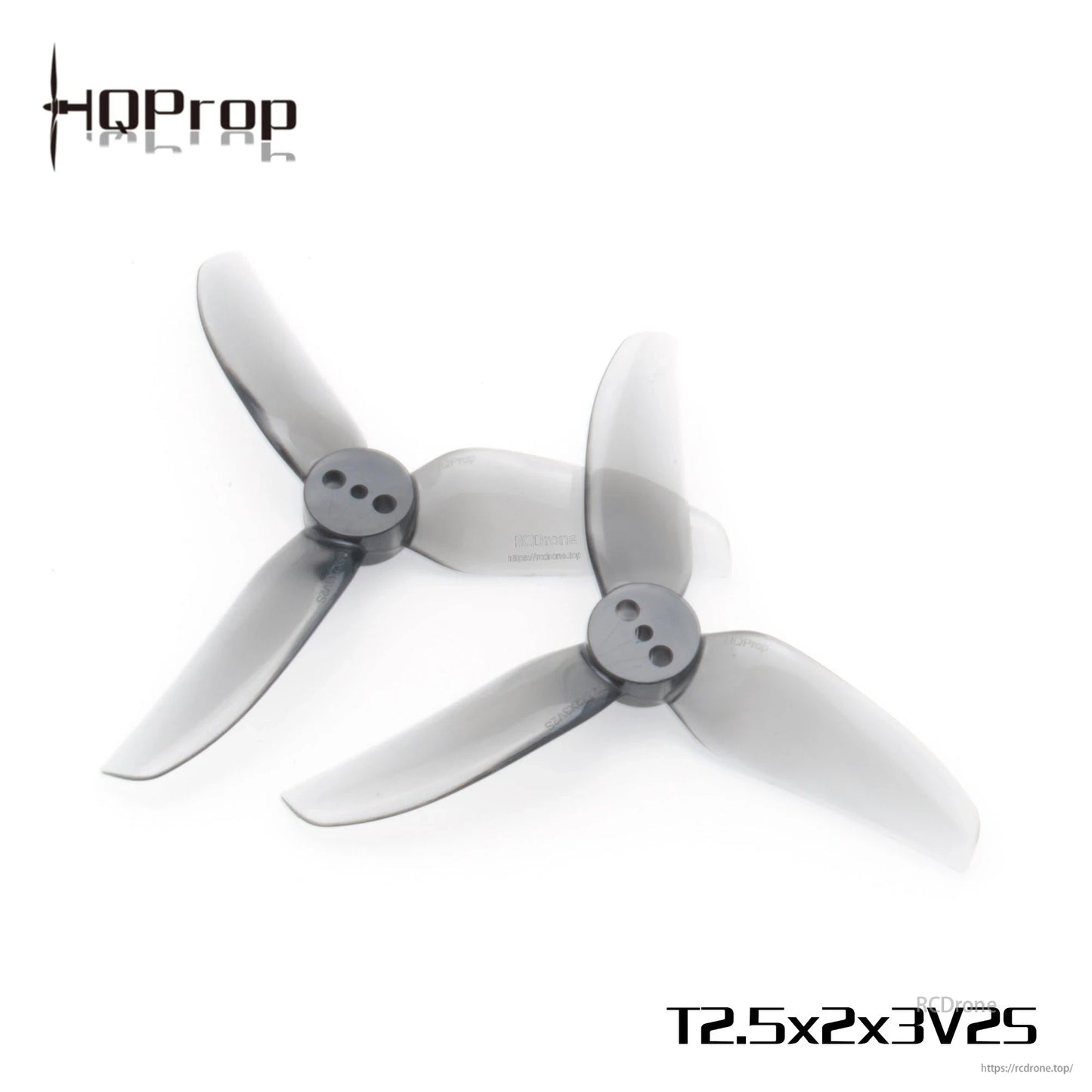 Two smoke-gray 3-blade propellers close-up showing hub with three mounting holes