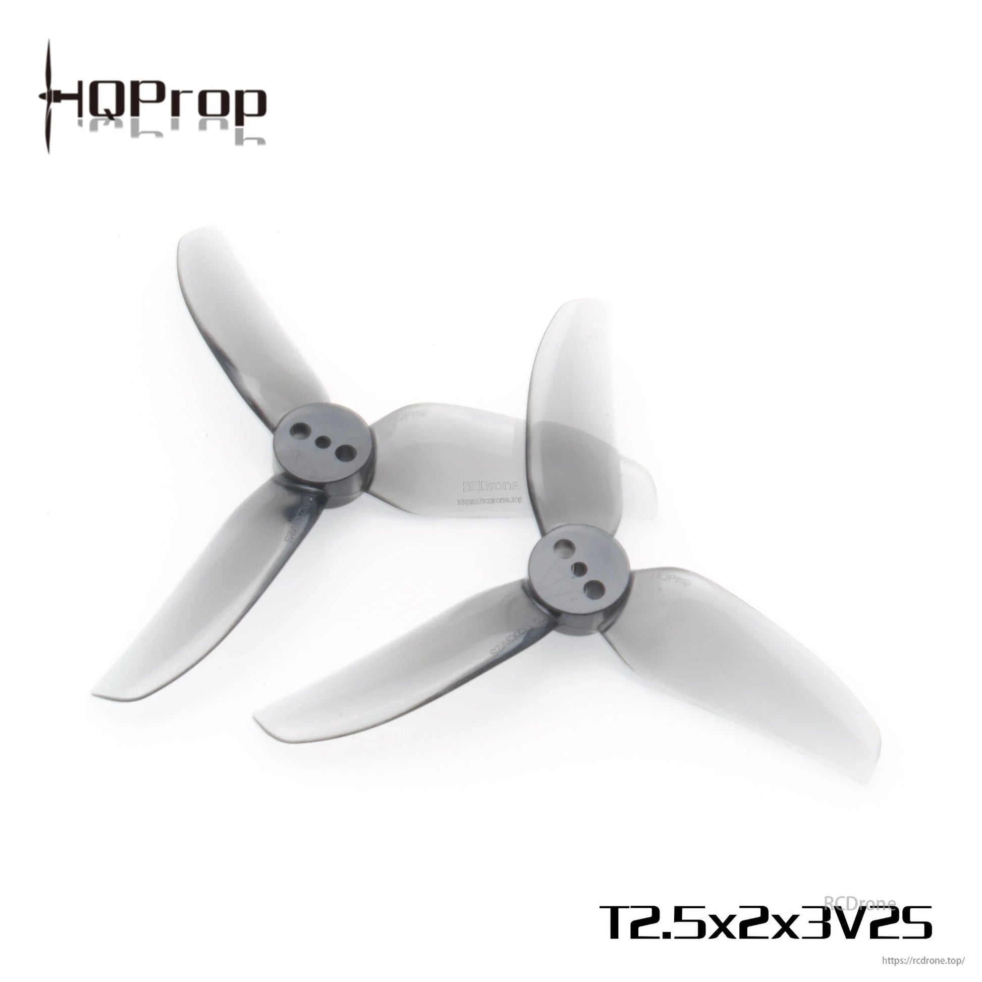 Two smoke-gray 3-blade propellers close-up showing hub with three mounting holes