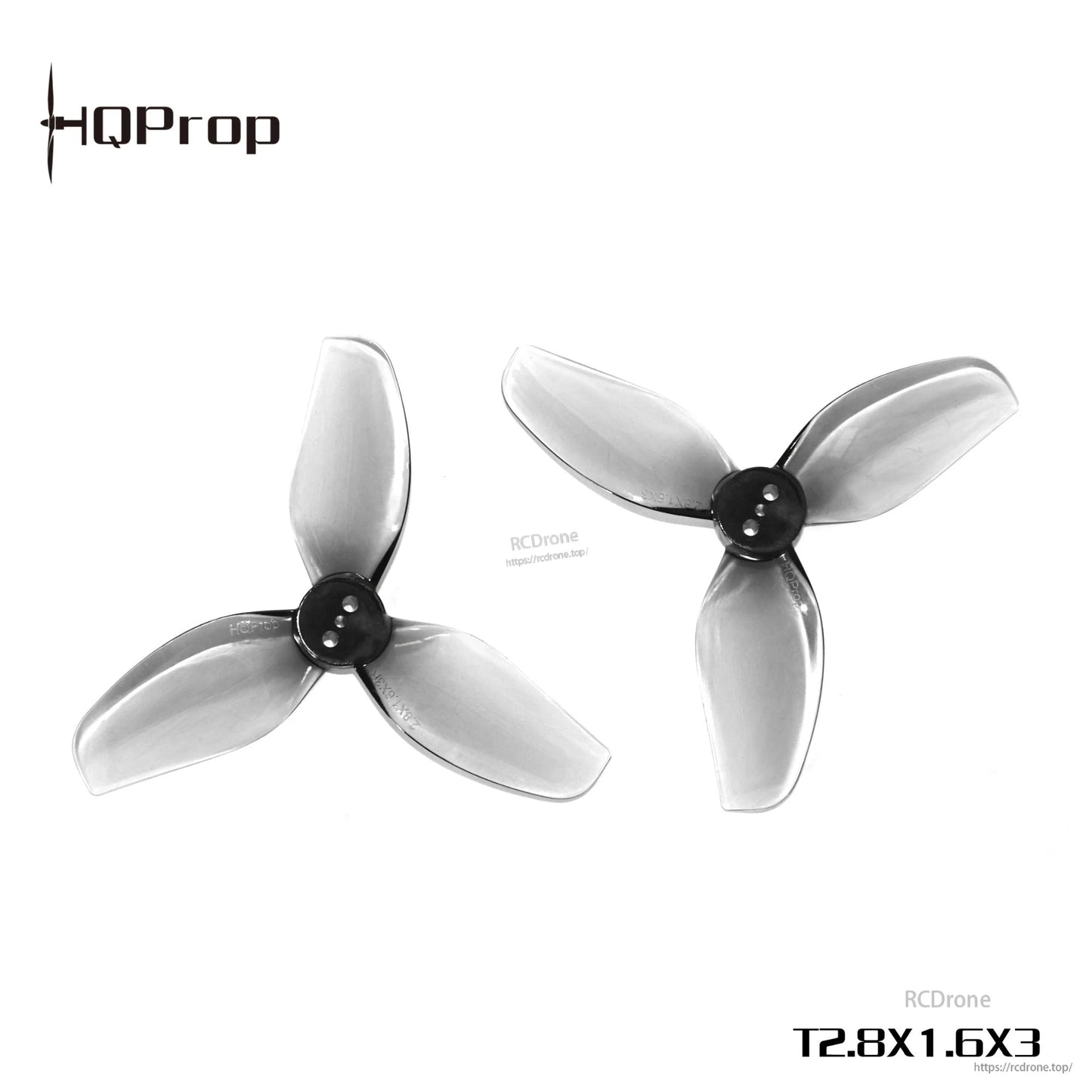 Close view of two grey 3-blade drone propellers with T2.8X1.6X3 marking