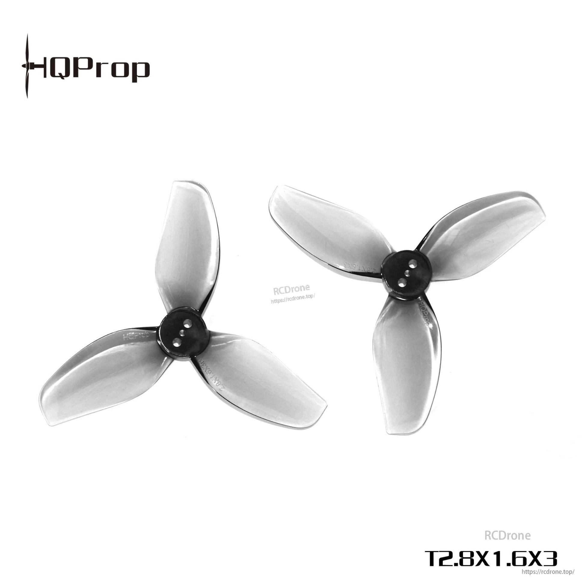 Close view of two grey 3-blade drone propellers with T2.8X1.6X3 marking