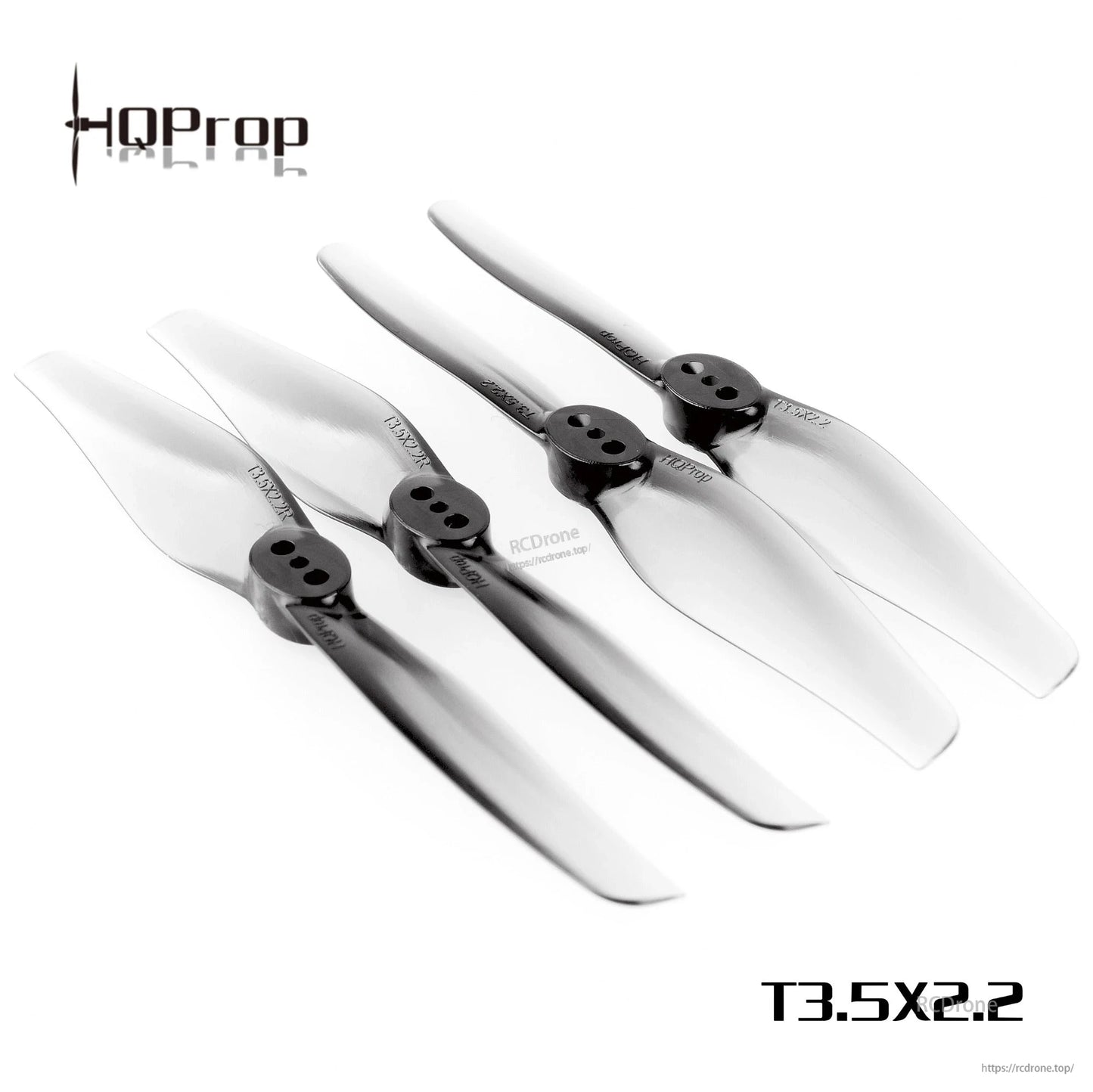 Four HQProp 2-blade propellers in grey with T3.5x2.2 text overlay and RCDRONE watermark