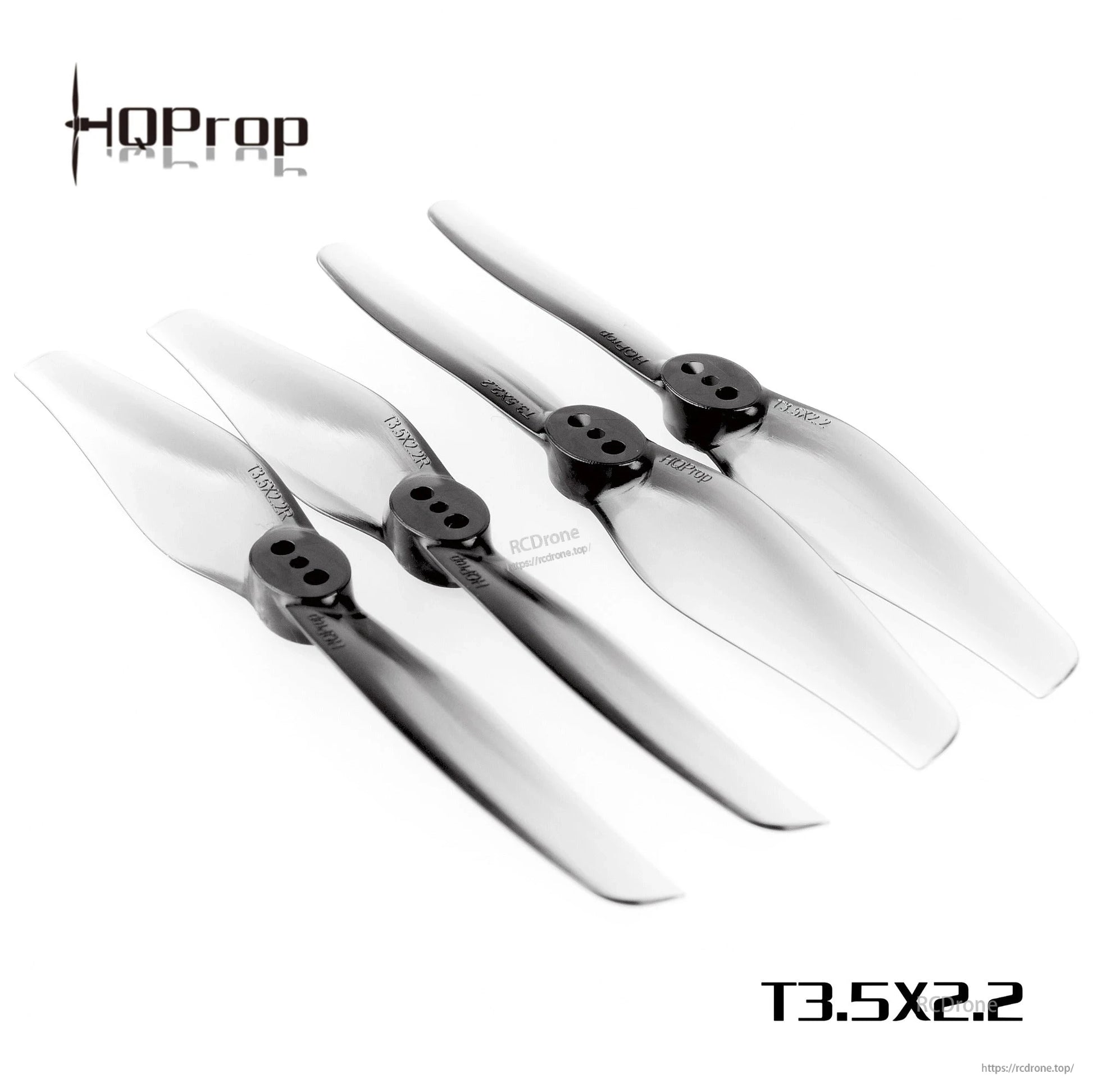 Four HQProp 2-blade propellers in grey with T3.5x2.2 text overlay and RCDRONE watermark