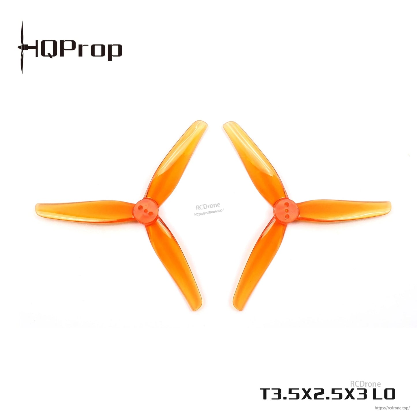 Two orange T3.5x2.5x3 LO 3-blade FPV propellers shown side by side