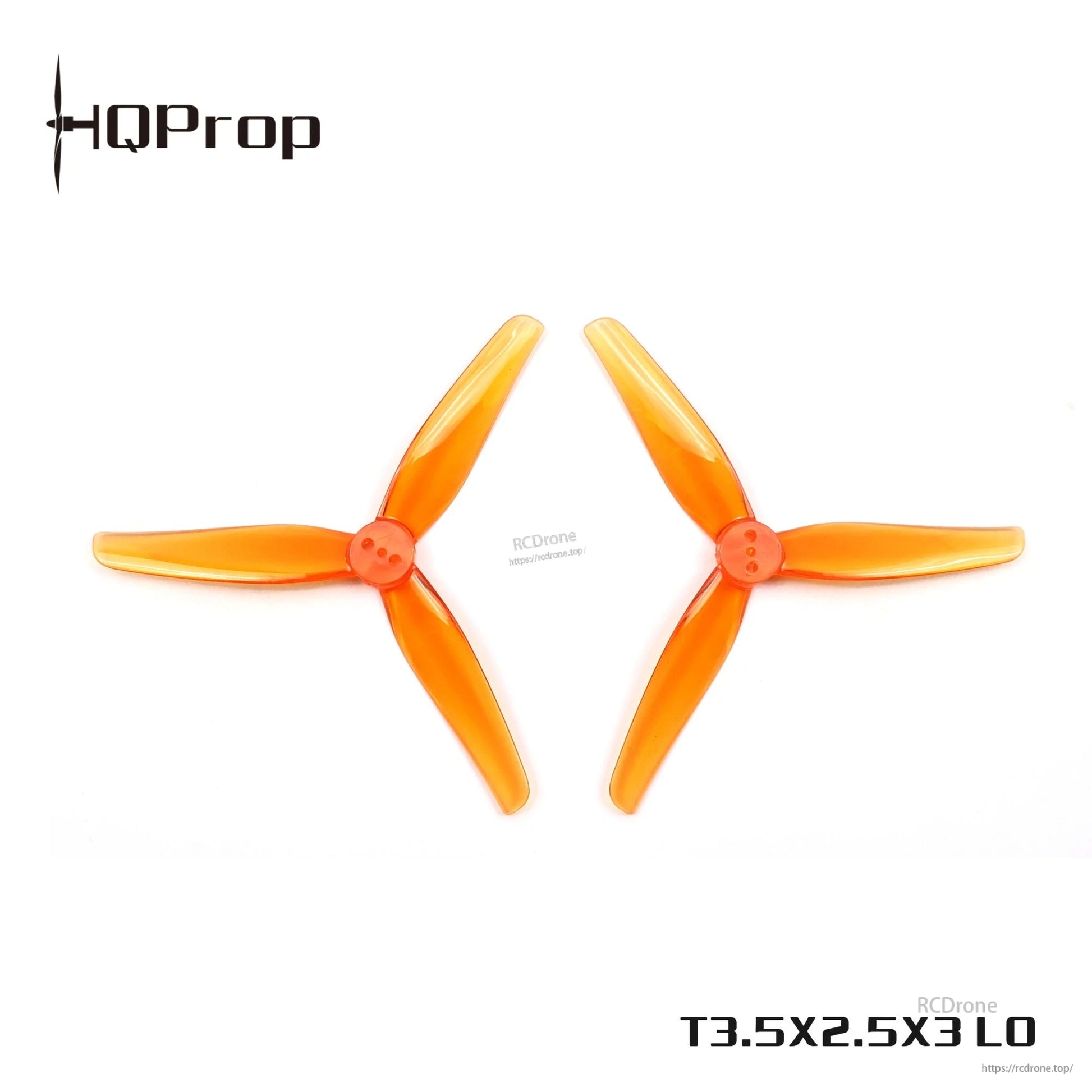 Two orange T3.5x2.5x3 LO 3-blade FPV propellers shown side by side