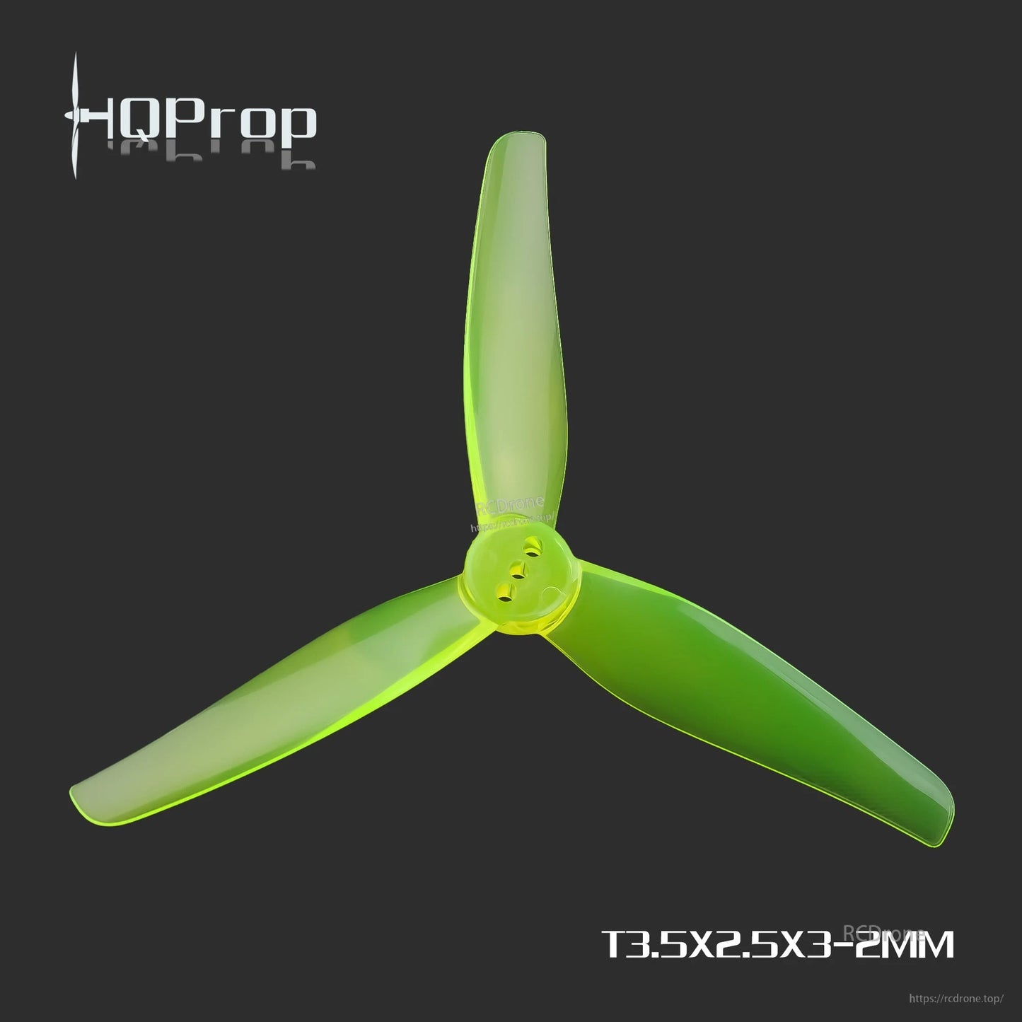Neon green T3.5x2.5x3-2mm 3-blade FPV propeller, top view on dark background