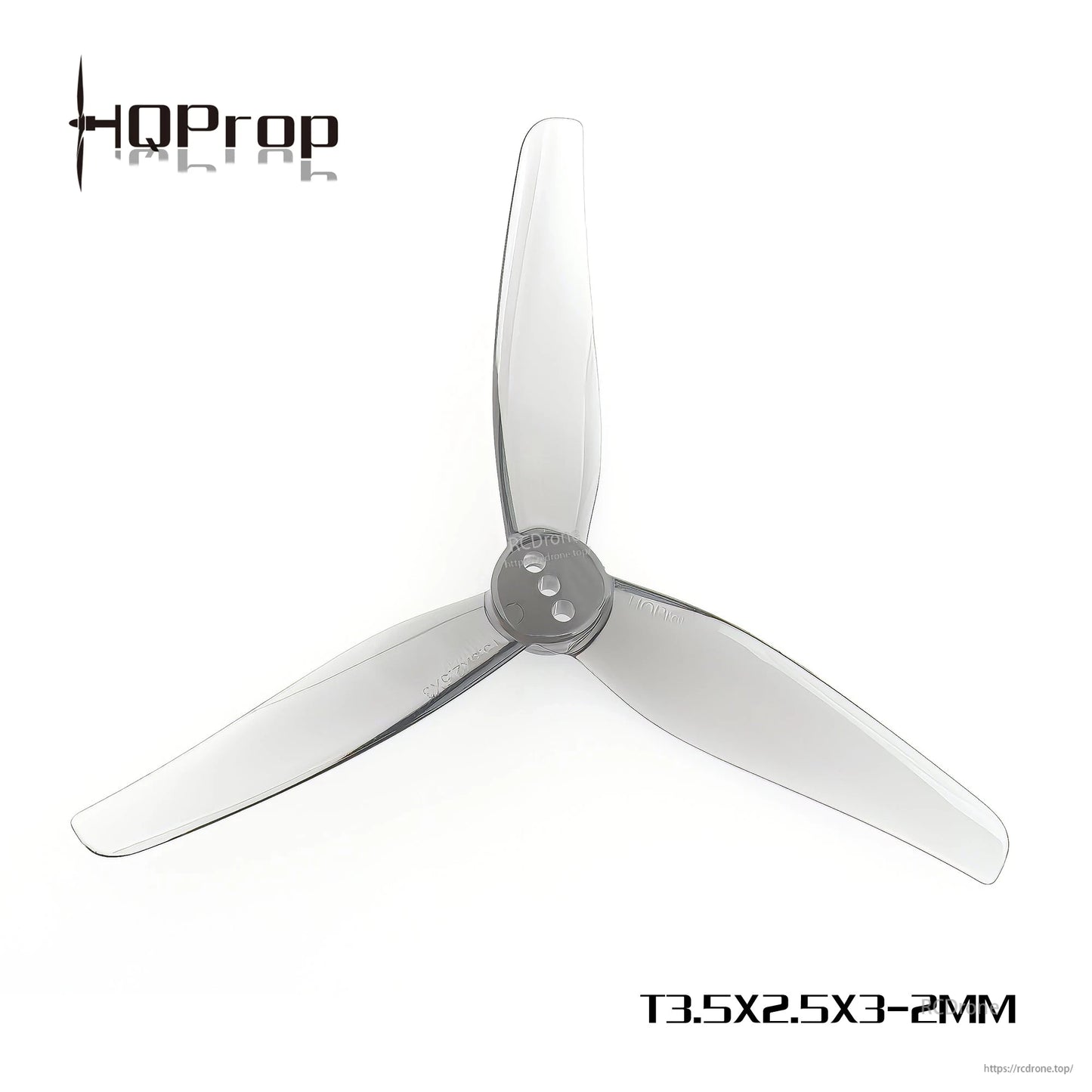 Smoke gray T3.5x2.5x3 3-blade propeller, top view with 2mm center hole label