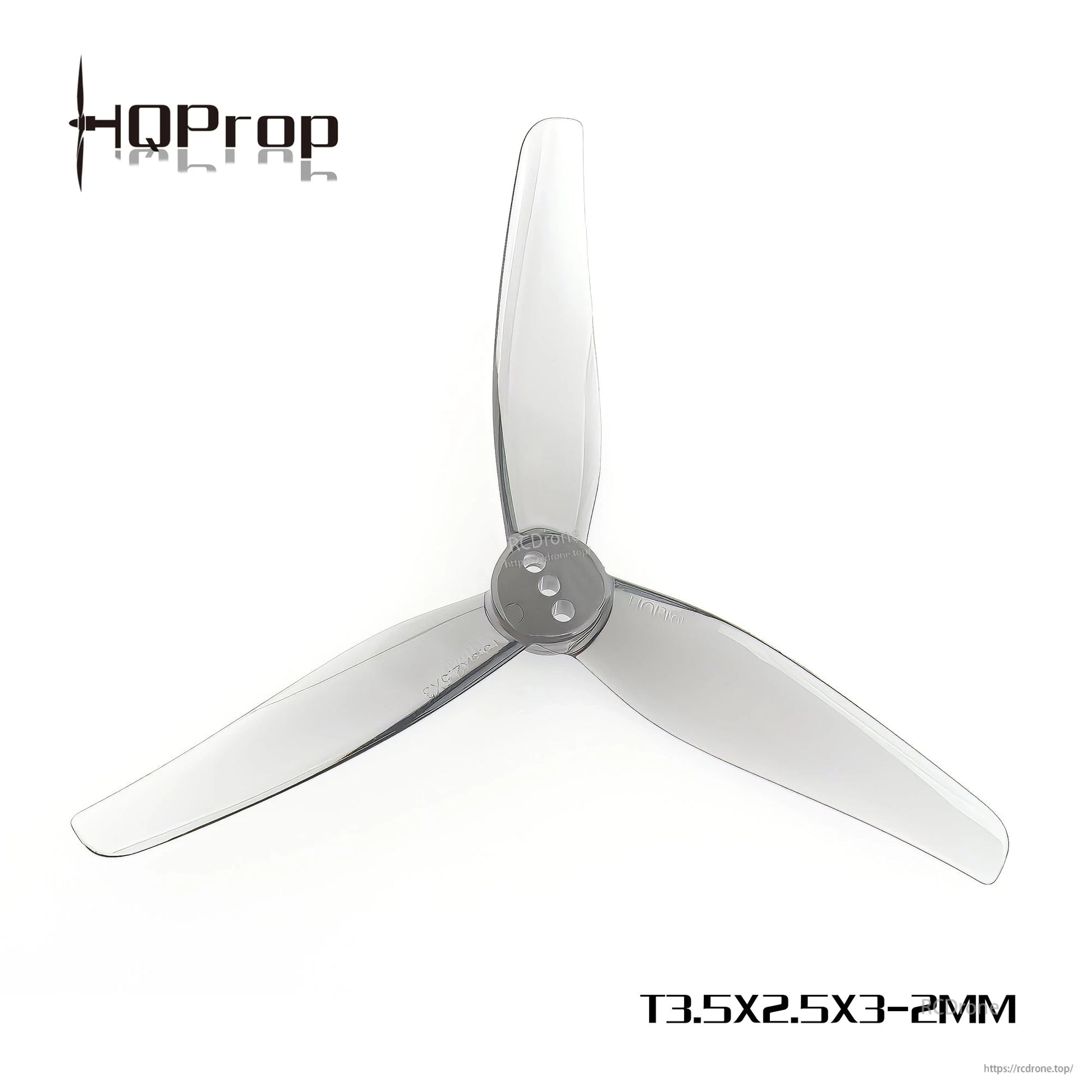 Smoke gray T3.5x2.5x3 3-blade propeller, top view with 2mm center hole label