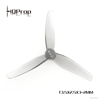 Smoke gray T3.5x2.5x3 3-blade propeller, top view with 2mm center hole label