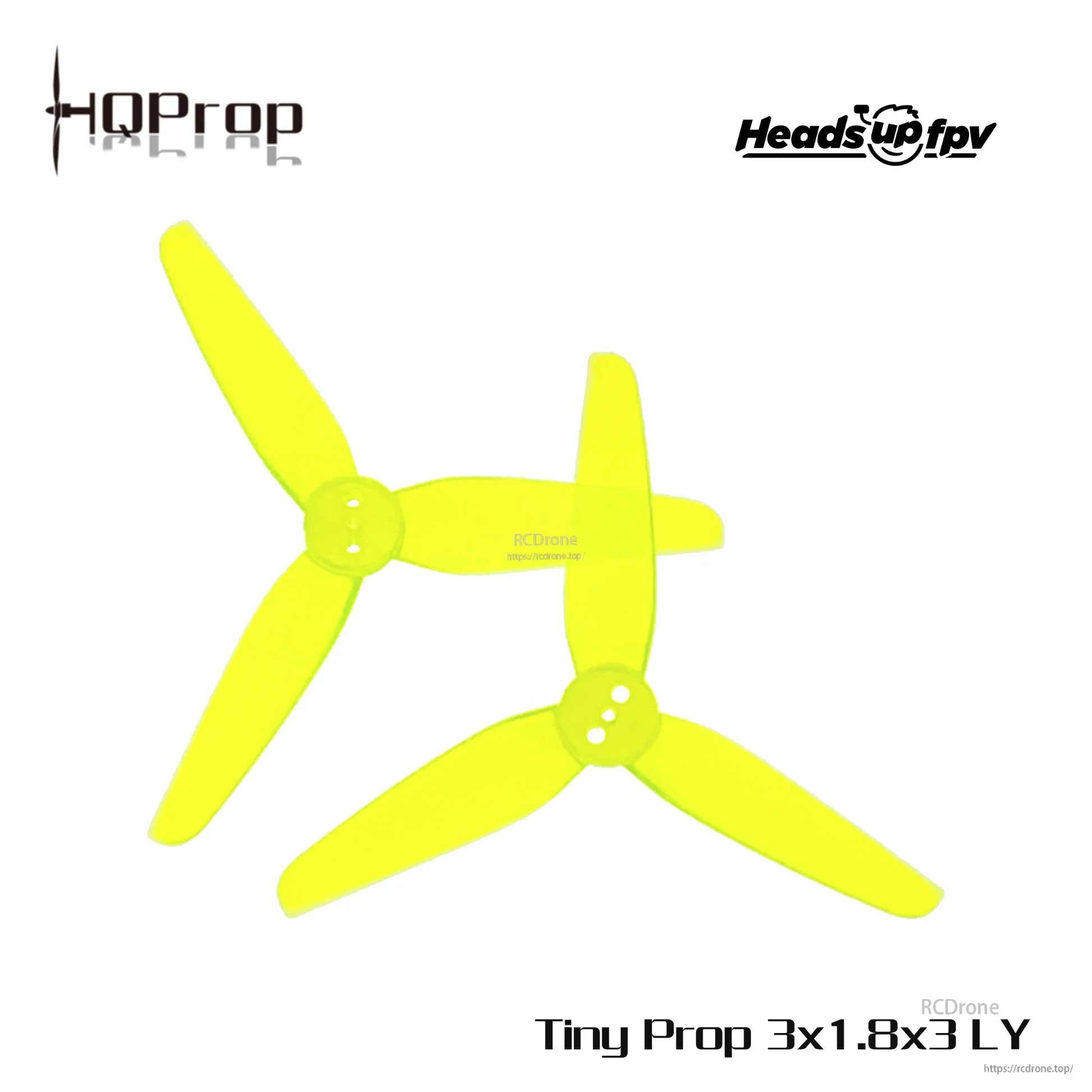Neon yellow tri-blade propeller pair on white background, labeled Tiny Prop 3x1.8x3 LY
