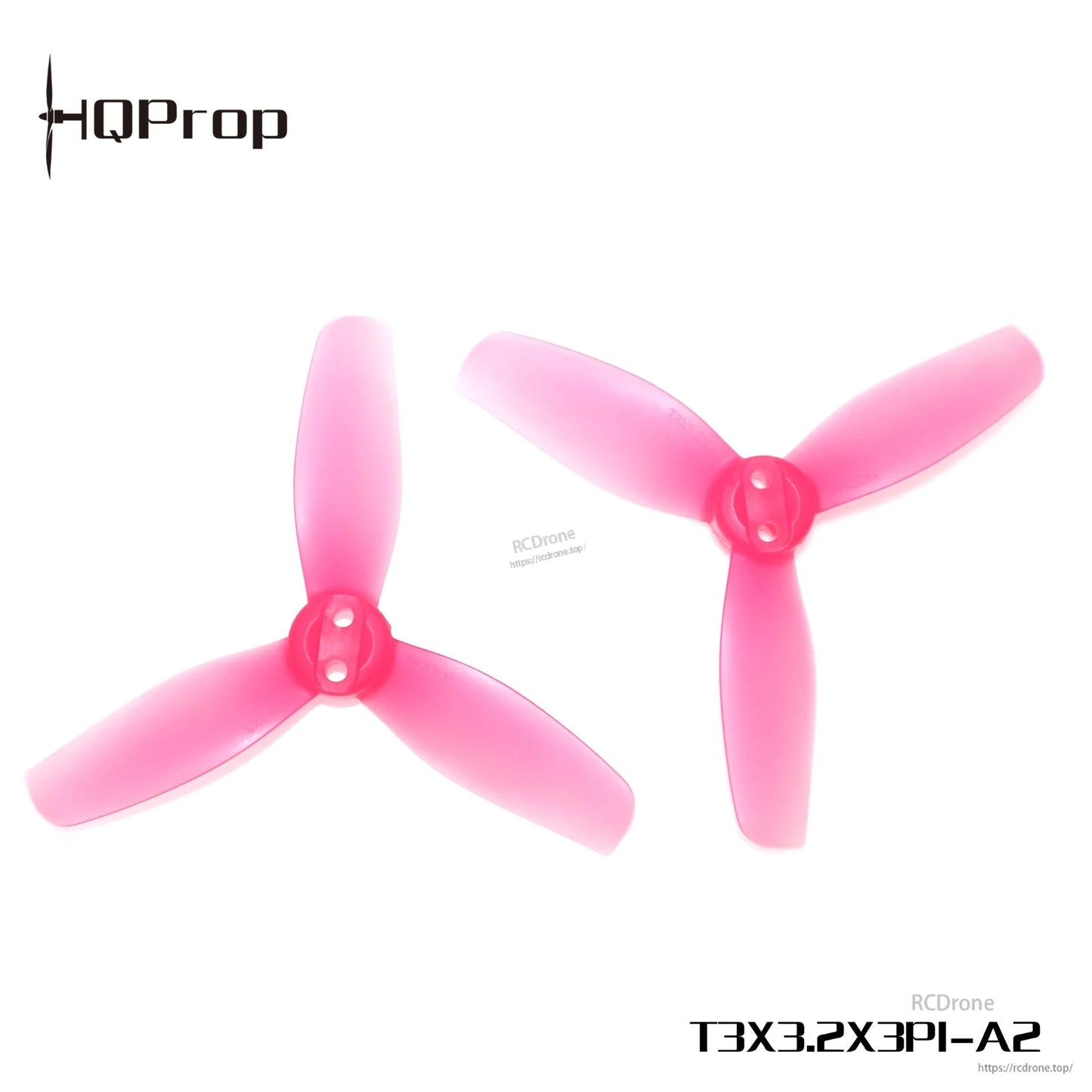 Translucent pink tri-blade propellers with printed model text T3X3.2X3PI-A2 on white background