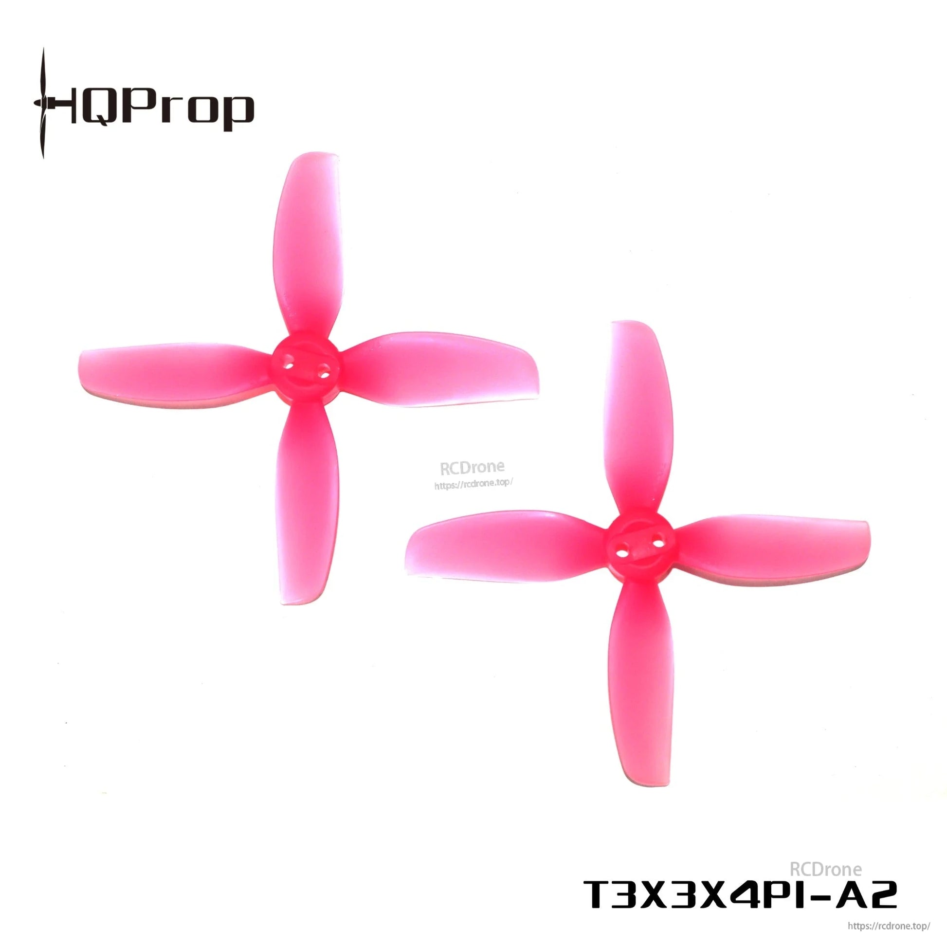 Two pink HQProp 4-blade drone propellers, model marking T3X3X4PI-A2