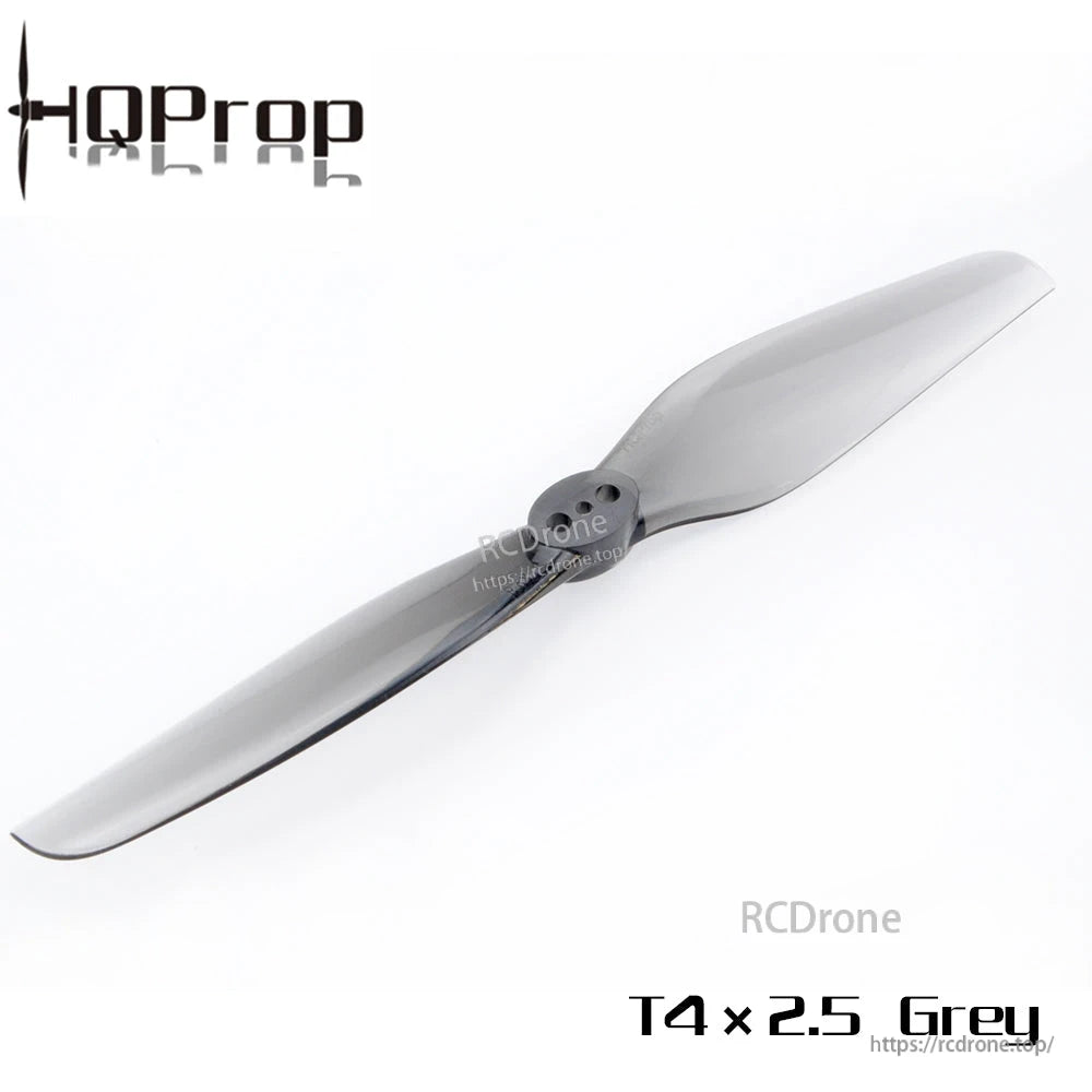 Single HQProp T4x2.5 Grey 2-blade propeller close-up showing blade shape and center hub