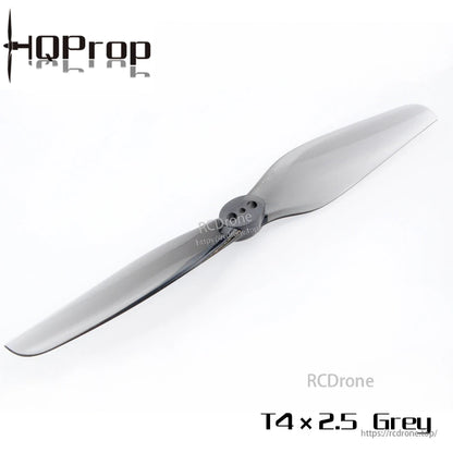 Single HQProp T4x2.5 Grey 2-blade propeller close-up showing blade shape and center hub