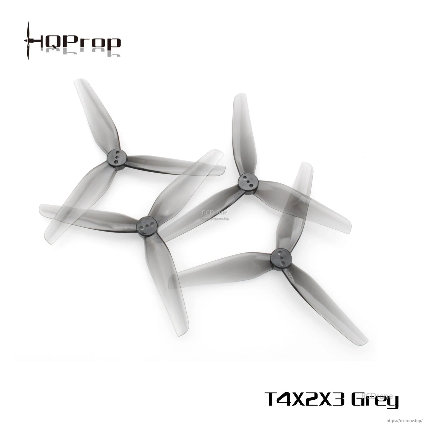Grey 3-blade propellers overlapping, angled view showing blade profile and hub details