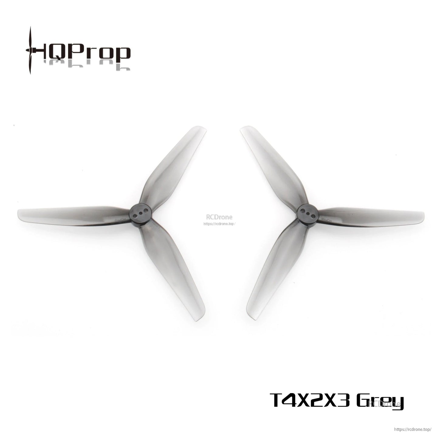 Two grey 3-blade propellers side by side, top-down comparison view