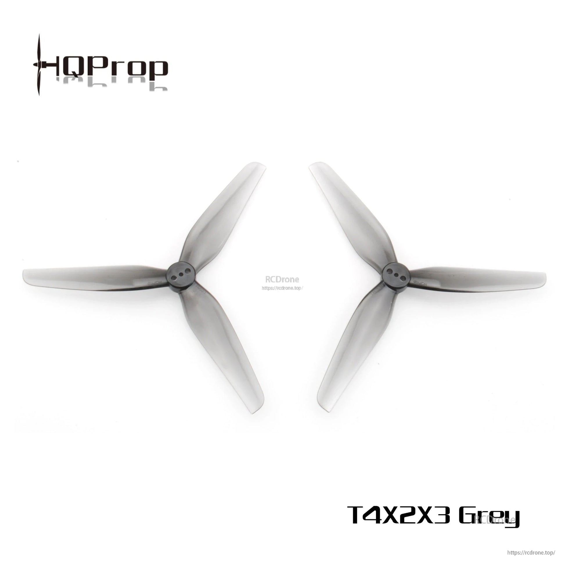 Two grey 3-blade propellers side by side, top-down comparison view