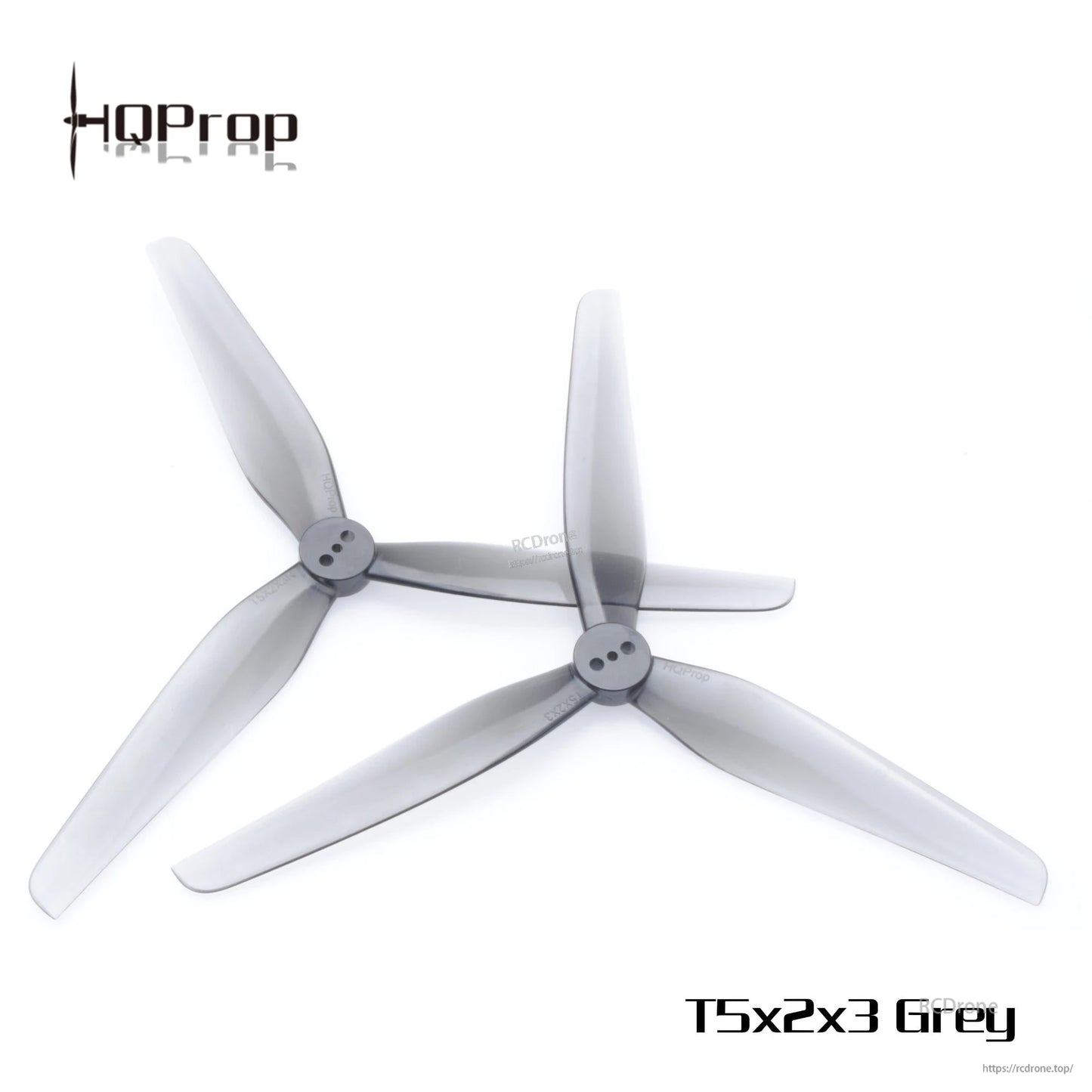 Two grey tri-blade propellers shown together, HQProp T5X2X3 style with 3-hole hubs