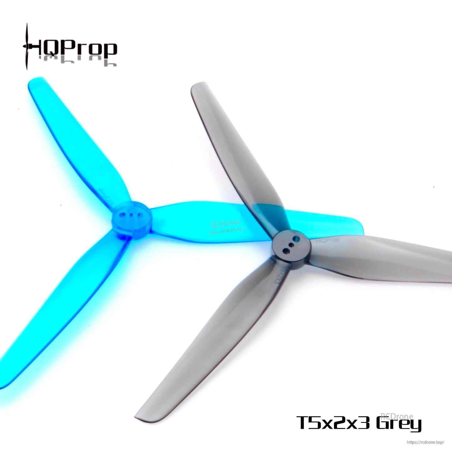 HQProp T5X2X3 5-inch 3-blade propellers in blue and grey, branded product image