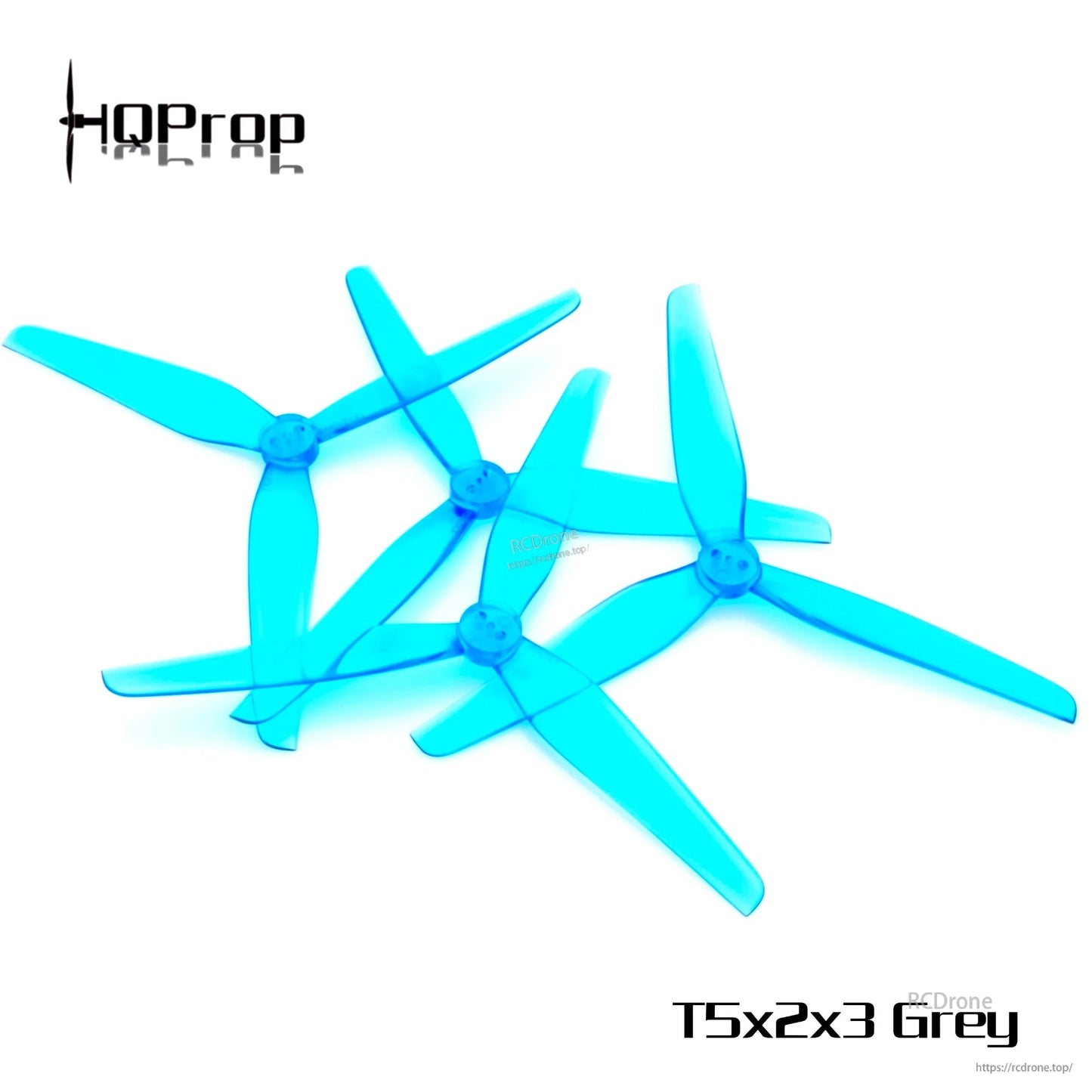 Four blue 3-blade propellers laid out together, 3-hole hub mounting pattern