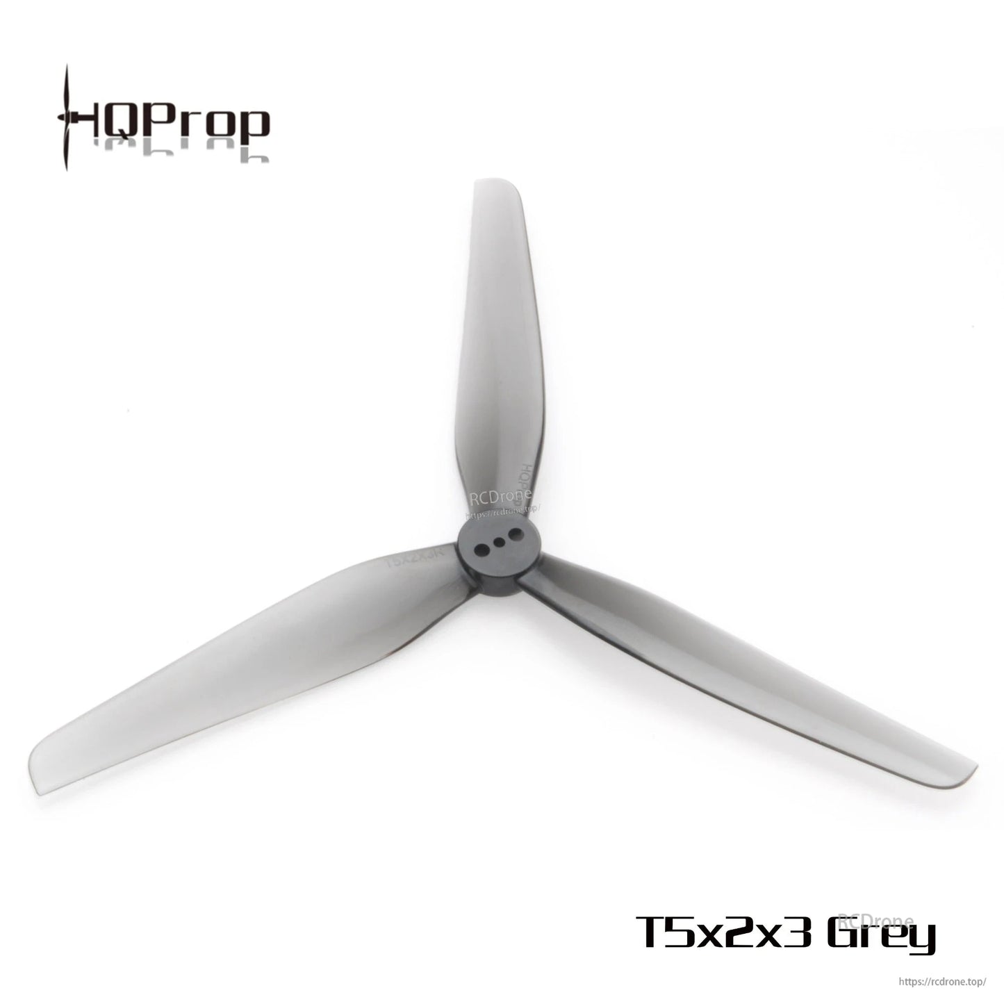 Single grey 3-blade drone propeller with 3-hole hub, top view
