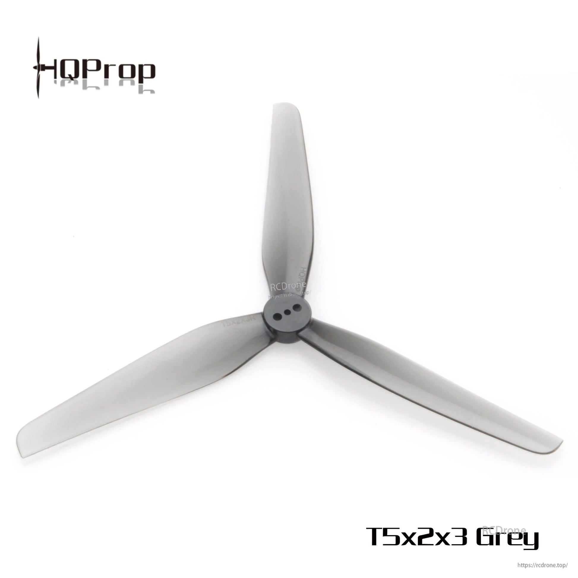 Single grey 3-blade drone propeller with 3-hole hub, top view