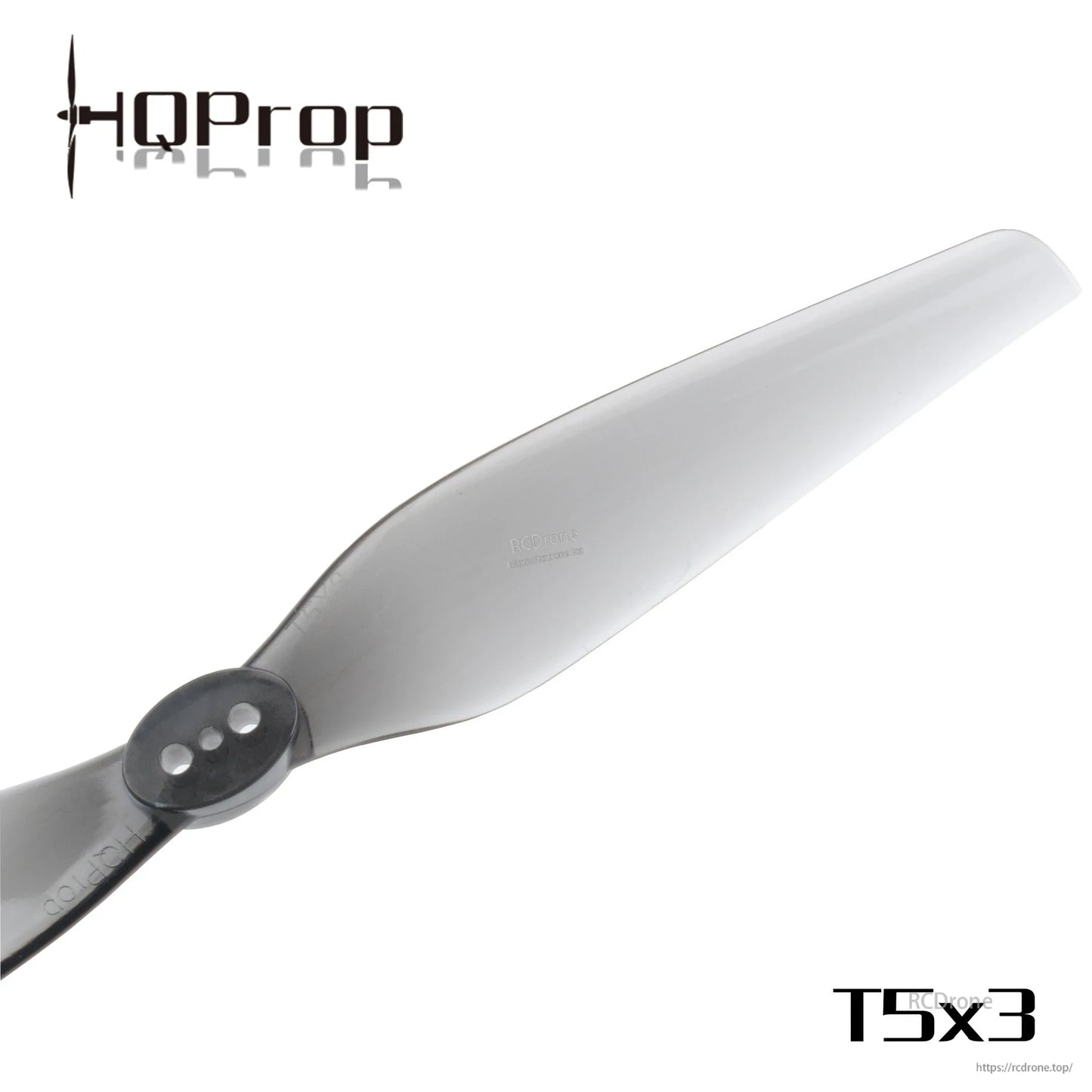 Close-up of grey 2-blade propeller hub with two mounting holes, HQProp T5X3 series graphic