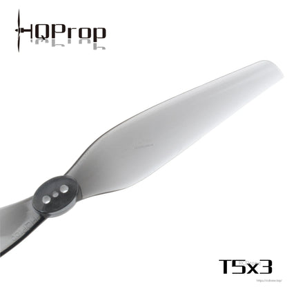 Close-up of grey 2-blade propeller hub with two mounting holes, HQProp T5X3 series graphic