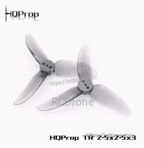 Grey tri-blade propeller pair angled view, close look at three-hole mounting hub design
