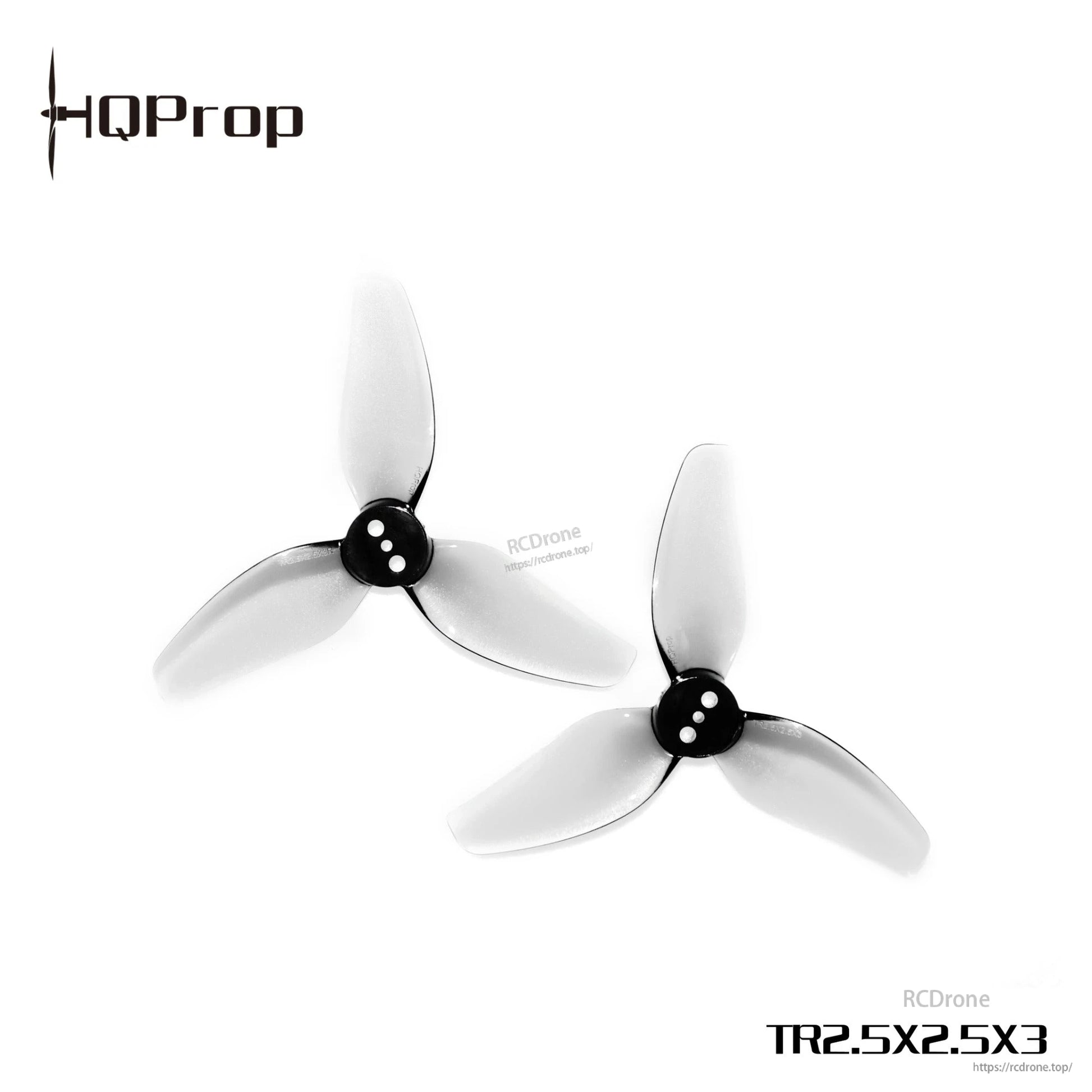 Grey 3-blade drone propellers pair with TR2.5X2.5X3 marking and RCdrone watermark on white background