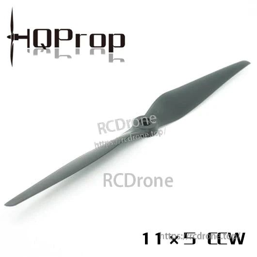 Angled view of HQProp 11x5 CCW 2-blade propeller showing long thin blades and center hub (watermarked)